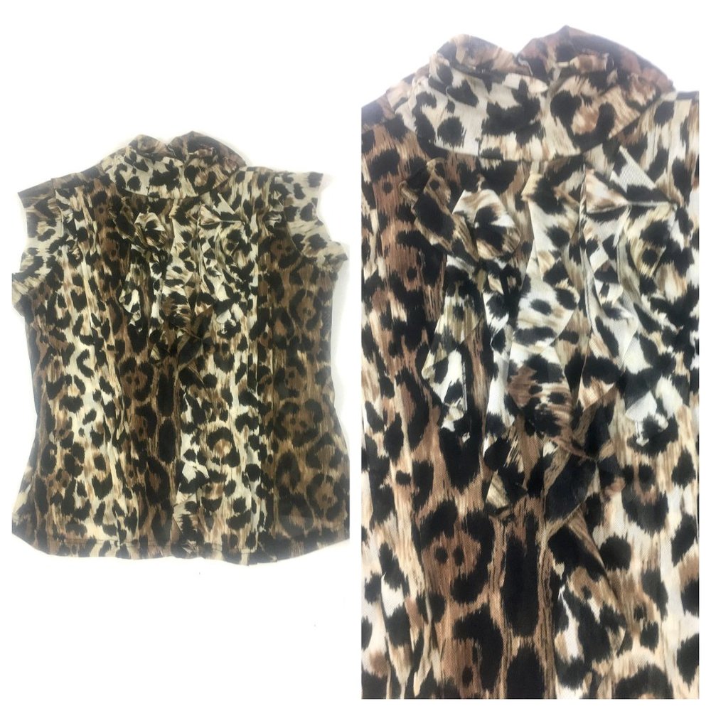 the limited leopard ruffle top sheer nylon high neck sleeveless blouse s